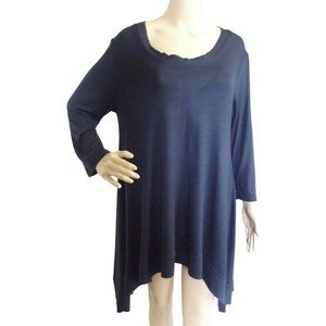 Cacia Sz Large Long Navy Blue Scoop Neck T-Shirt asymmetrical hem top tunic tee